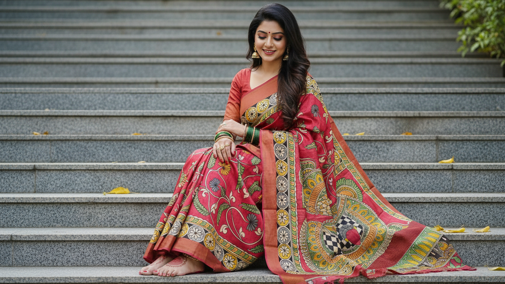 Elegant Gachi Tussar Hand-Painted Kalamkari Saree – Ruby Red & Antique Gold Heritage Edition