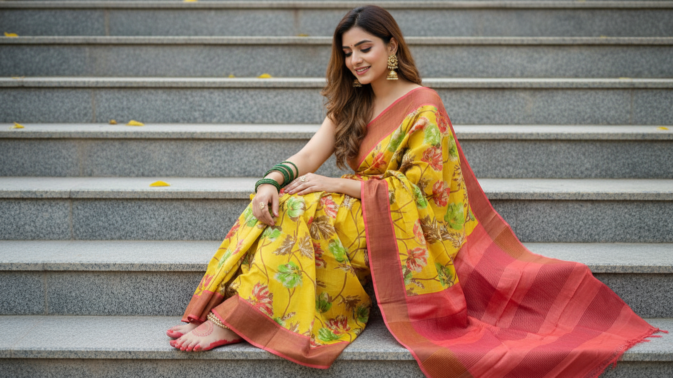 Elegant Hand-Block Printed Gachi Tussar Saree – Sunshine Yellow Floral Classic Edition