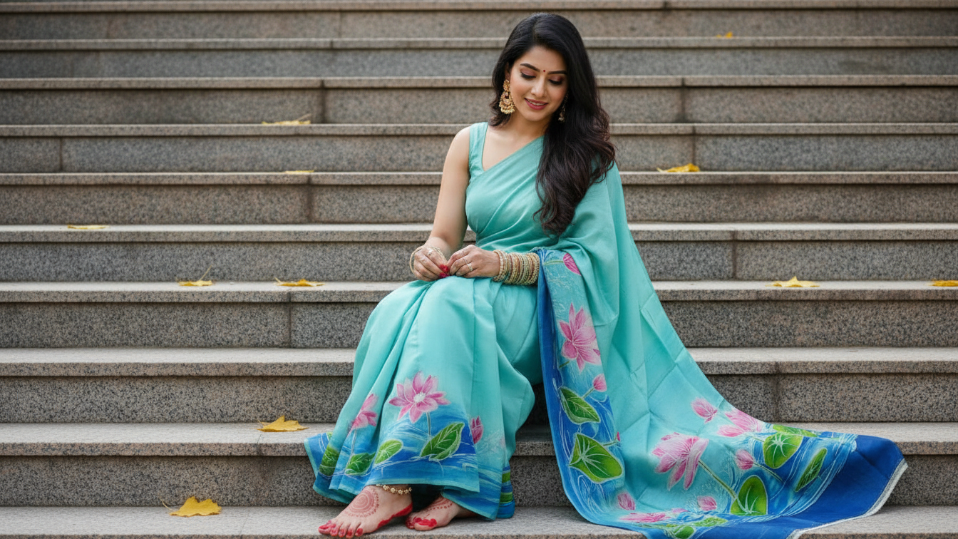 Hand-Painted Pure Silk Saree – Aqua Blue with Lotus Garden Artwork