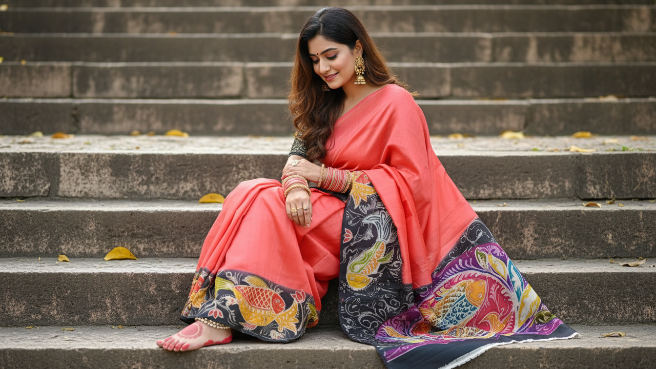 Hand-Painted Pure Silk Saree – Coral Elegance with Kalamkari Fish Art