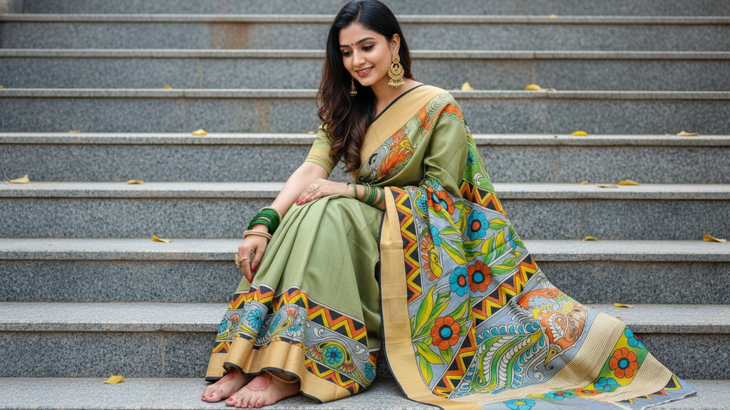 Elegant Gachi Tussar Hand-Painted Kalamkari Saree – Sage Green & Mustard Peacock Blossom Edition
