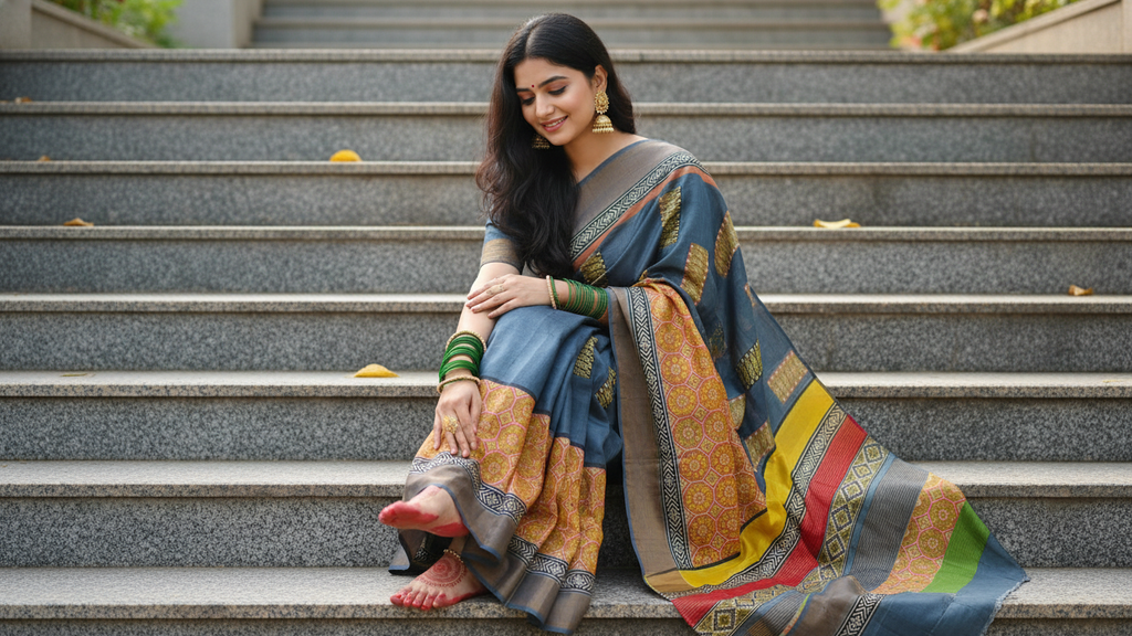 Elegant Gachi Zari Tussar Silk Saree with Hand Block Print – Steel Blue & Mustard
