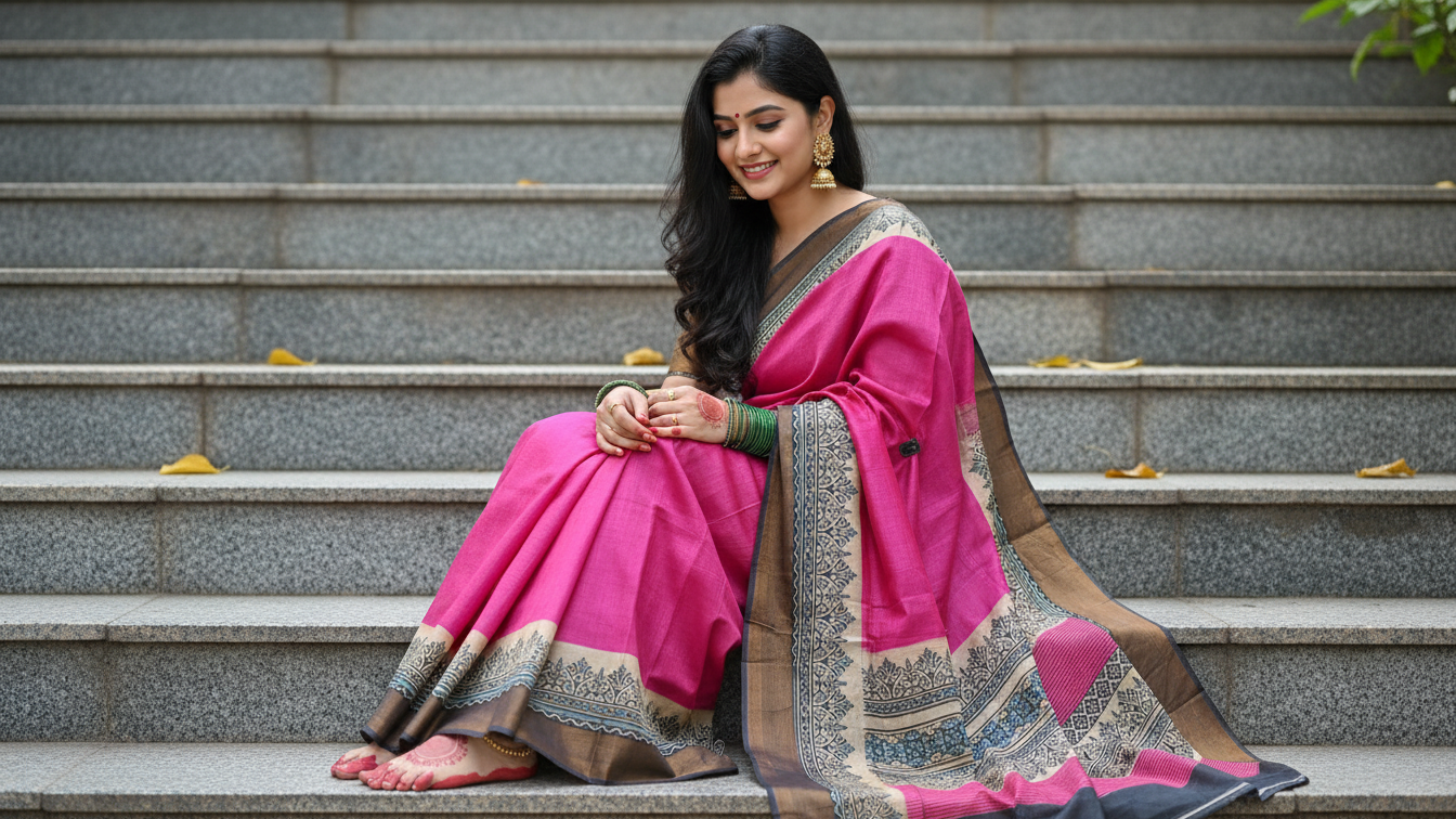 Elegant Gachi Zari Tussar Silk Saree with Hand Block Print – Magenta & Beige