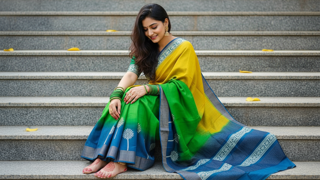 Vibrant Yellow-Green Tussar Silk Saree with Hand Block Print and Blue Border