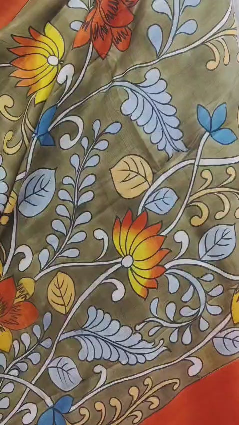 Olive Green & Rust Orange Silk Saree with Hand-Painted Kalamkari Floral Art