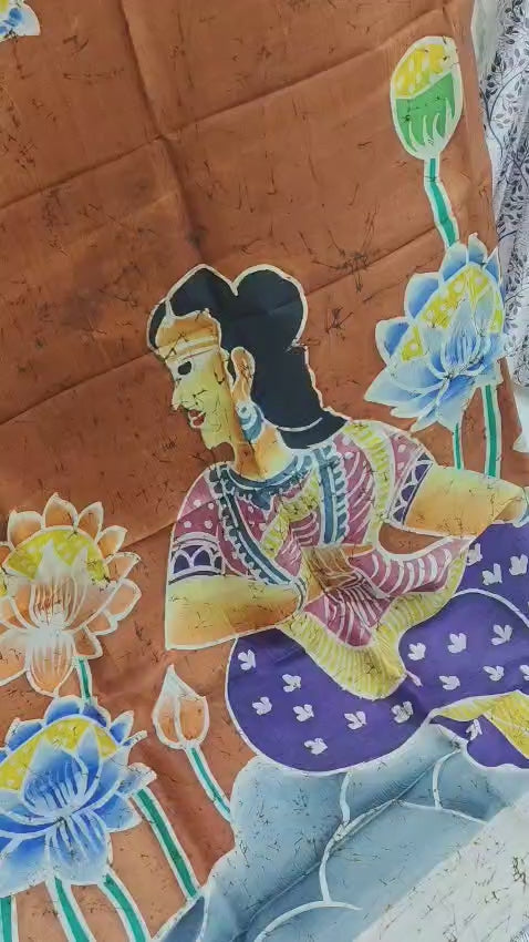 Silk Batik Saree in Rust Brown with Lotus & Lady Motif