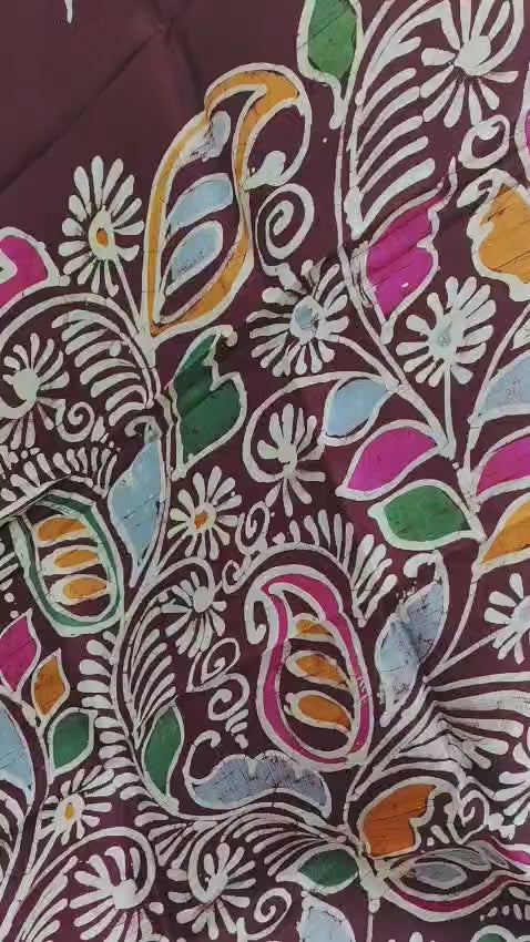 Maroon Silk Batik Saree with Multicolor Floral & Paisley Design