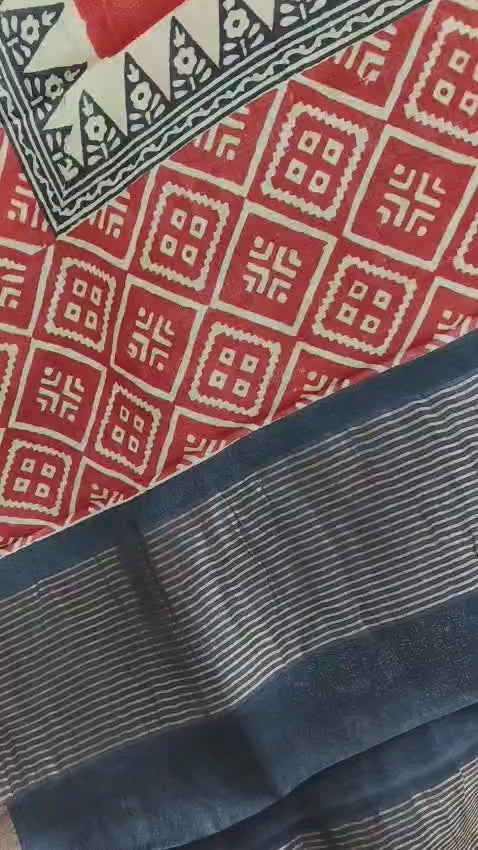 Hand Block Print Saree on Pure Gachi Tussar Silk – Red with Black & Brown Borders