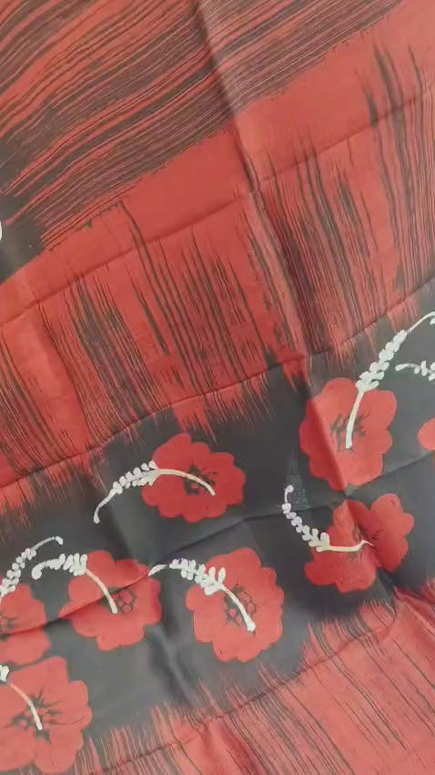Elegant Black & Red Silk Batik Saree with Handcrafted Floral Motifs