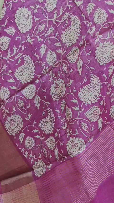 Hand Block Print Saree on Pure Gachi Tussar Silk – Beige with Magenta Floral Border & Pallu