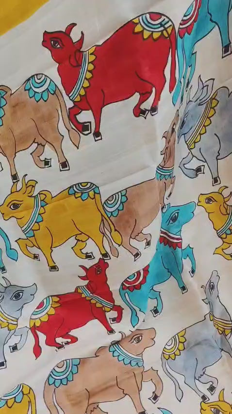 Mustard Yellow Silk Saree with Hand-Painted Kalamkari Cow & Lotus Motifs