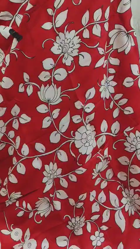 Red Silk Saree with Hand-Painted Kalamkari Floral Motifs