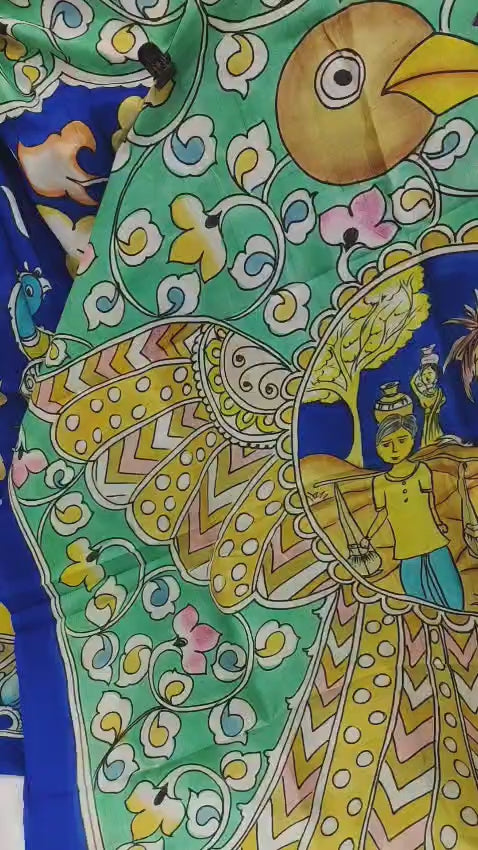 Royal Blue & Green Silk Saree with Hand-Painted Kalamkari Mythical Art