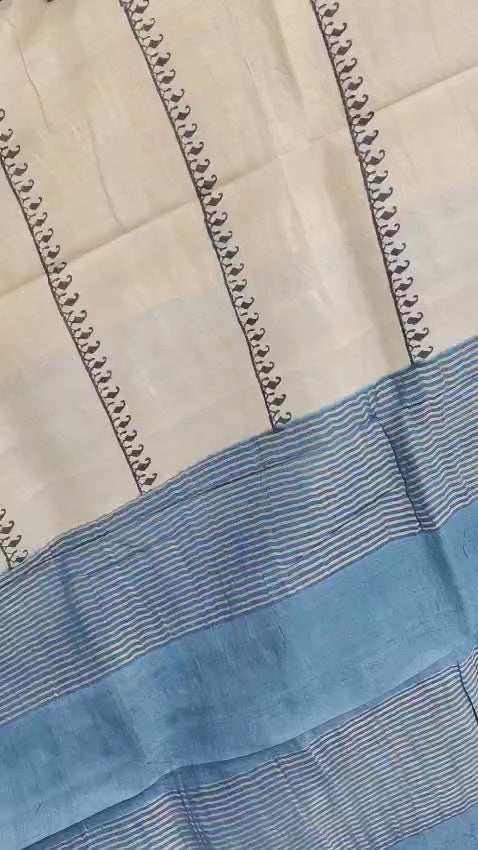 Hand Block Print Saree on Pure Gachi Tussar Silk – Beige with Blue Striped Border