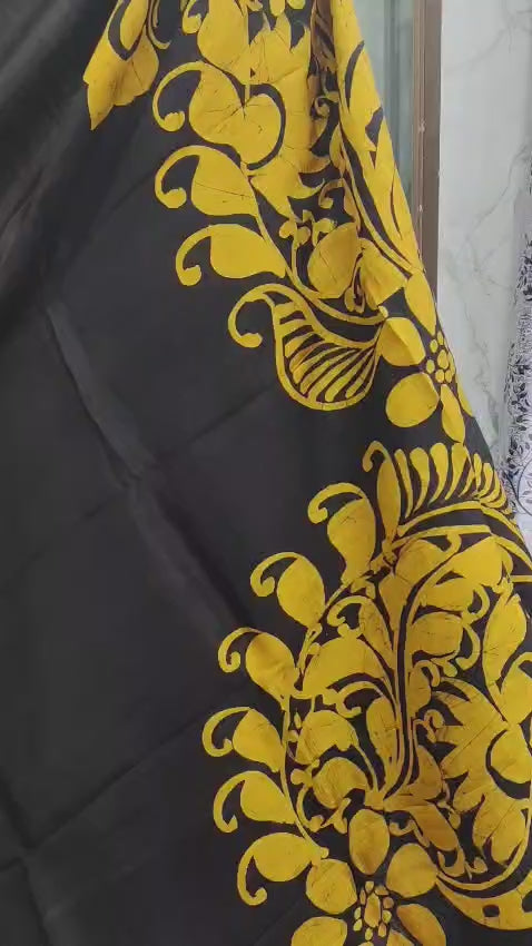 Silk Batik Saree with Regal Floral Motifs with Black & Mustard