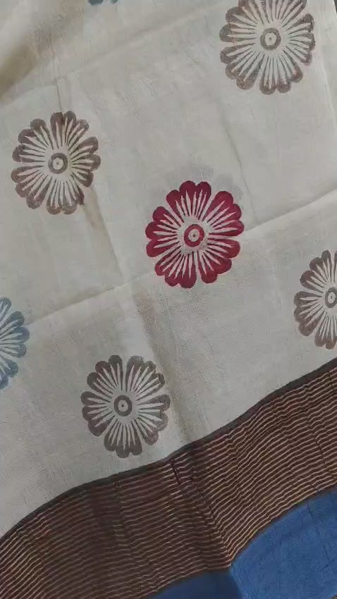 Hand Block Print Saree on Pure Gachi Tussar Silk – Beige with Floral Motifs & Blue-Brown Border