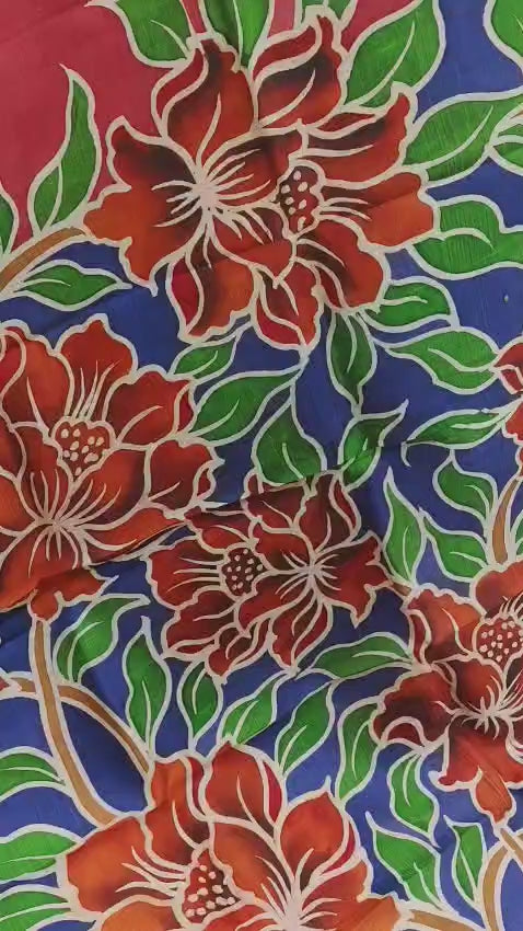 Crimson Red Silk Batik Saree with Floral Garden Design