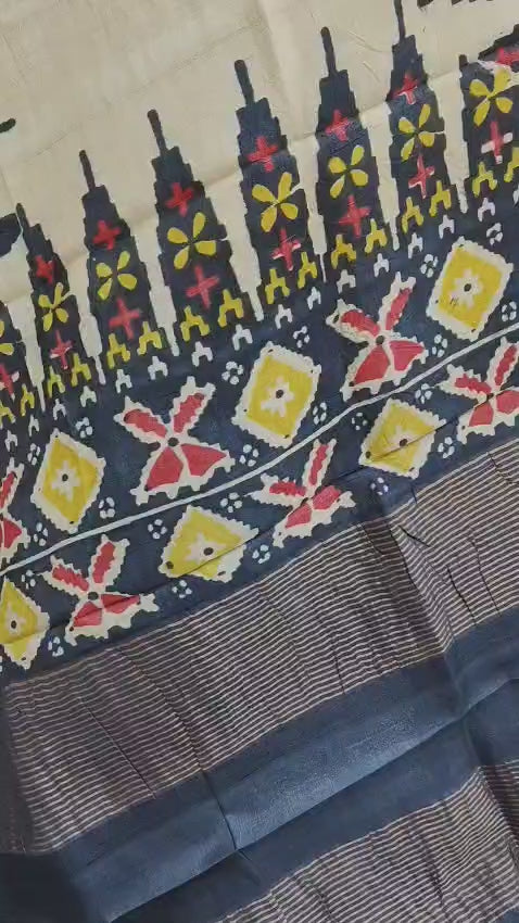 Hand Block Print Saree on Pure Gachi Tussar Silk – Beige with Multicolor Tribal Motifs & Navy Borders