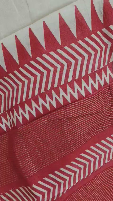 Hand Block Print Saree on Pure Gachi Tussar Silk – Beige with Red Chevron & Geometric Patterns