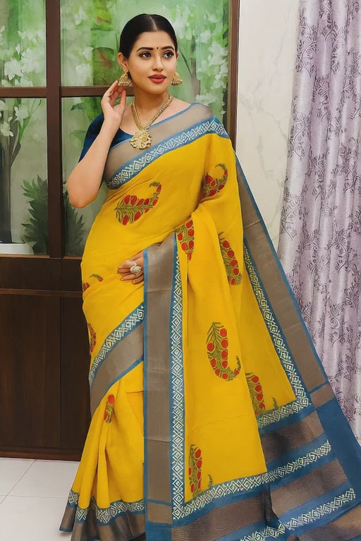Sunlit Charm — Mustard Yellow Hand Block Printed Gachi Tussar Silk Saree