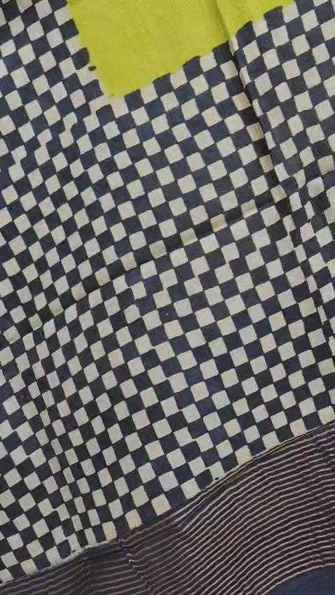 Hand Block Print Saree on Pure Gachi Tussar Silk – Lime Green with Black & White Checks and Contrast Borders