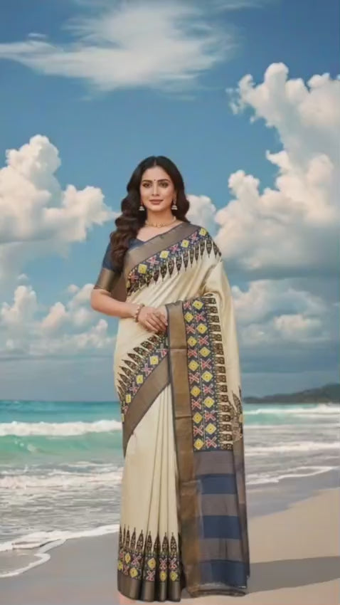 Hand Block Print Saree on Pure Gachi Tussar Silk – Beige with Multicolor Tribal Motifs & Navy Borders
