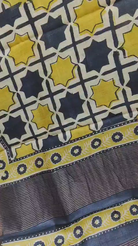 Hand Block Print Saree on Pure Gachi Tussar Silk – Mustard Yellow with Geometric Patterns