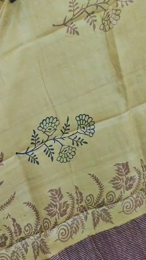 Hand Block Print Saree on Pure Gachi Tussar Silk – Yellow with Brown Floral & Traditional Borders
